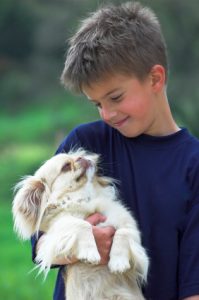 Kid with cat and dog